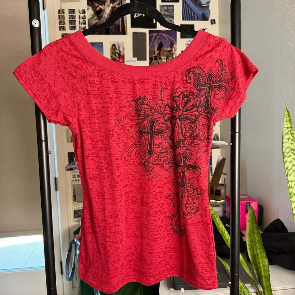 Vintage Fatal Rose Rhinestone Cross Red T-Shirt
